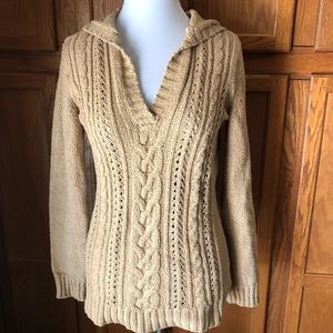 🎄Tommy Bahama Relax Women’s Brown Tan V-Neck Cable Knit Hooded Sweater Size M